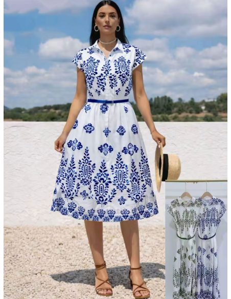 Vestido camisero midi estampado porcelana cinturón