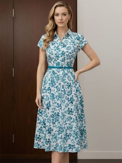 Vestido camisero midi floral cinturón
