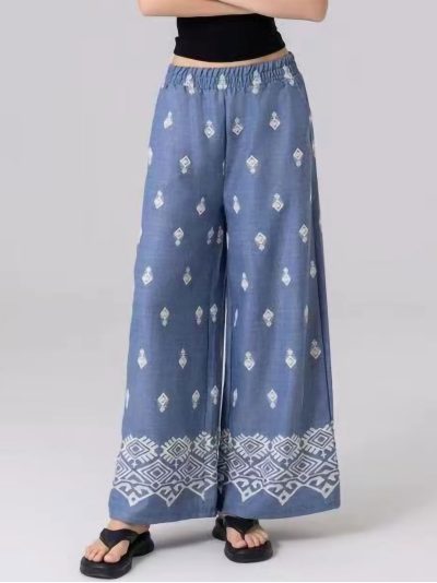 Pantalón wide leg efecto denim estampado boho 