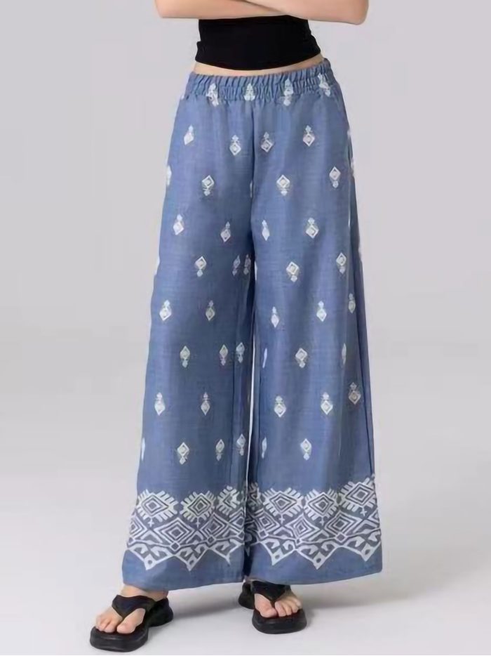 Pantalón wide leg efecto denim estampado boho 