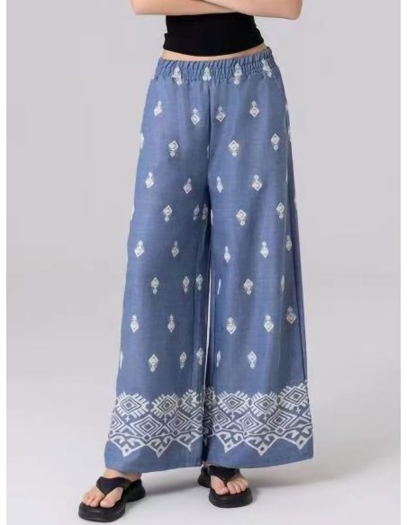 Pantalón wide leg efecto denim estampado boho 