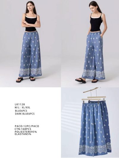 Pantalón wide leg efecto denim estampado boho  2