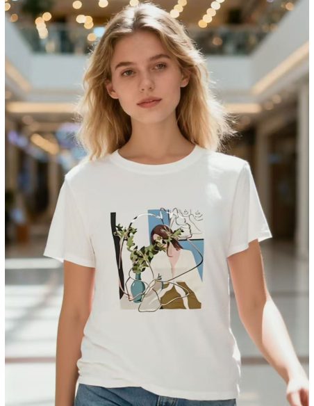 T-shirt imprimé visage et feuilles