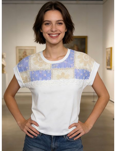 Patchwork lace-yoke t-shirt