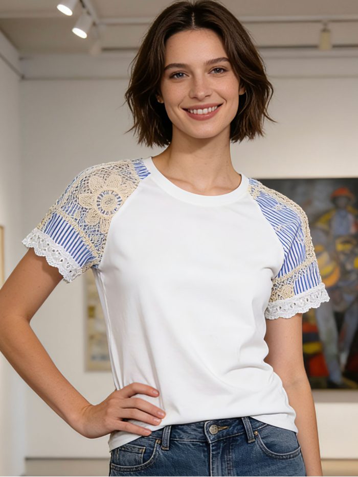 Camiseta manga rayas con encaje