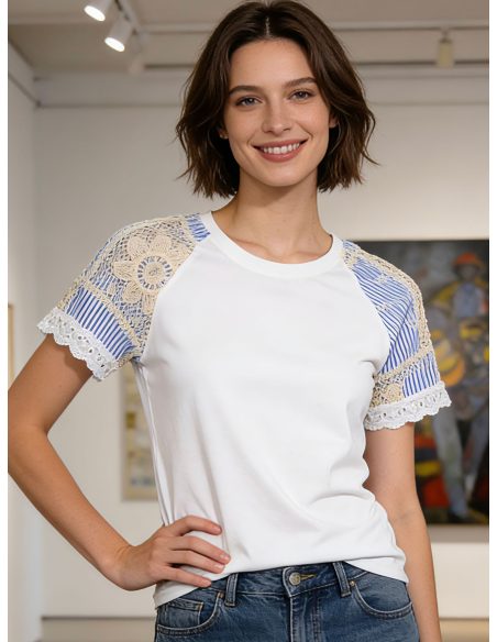 Camiseta manga rayas con encaje