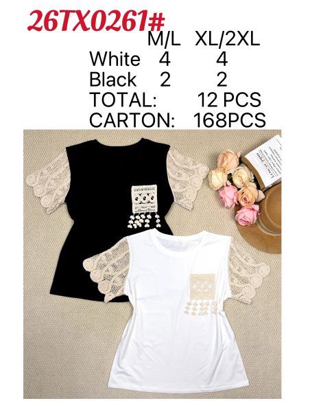 Camiseta bolsillo bordado mangas de crochet