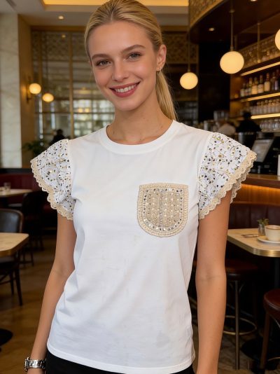 Camiseta bolsillo mangas de lentejuelas