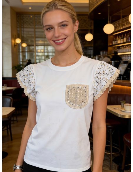 Paillettenbesetztes T-Shirt mit Ärmeltasche