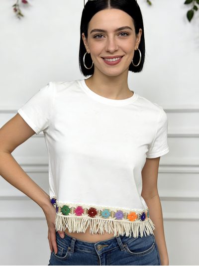 T-shirt à franges et broderie multicolore