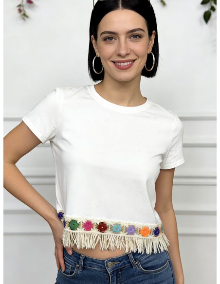 Camiseta flecos y bordado multicolor