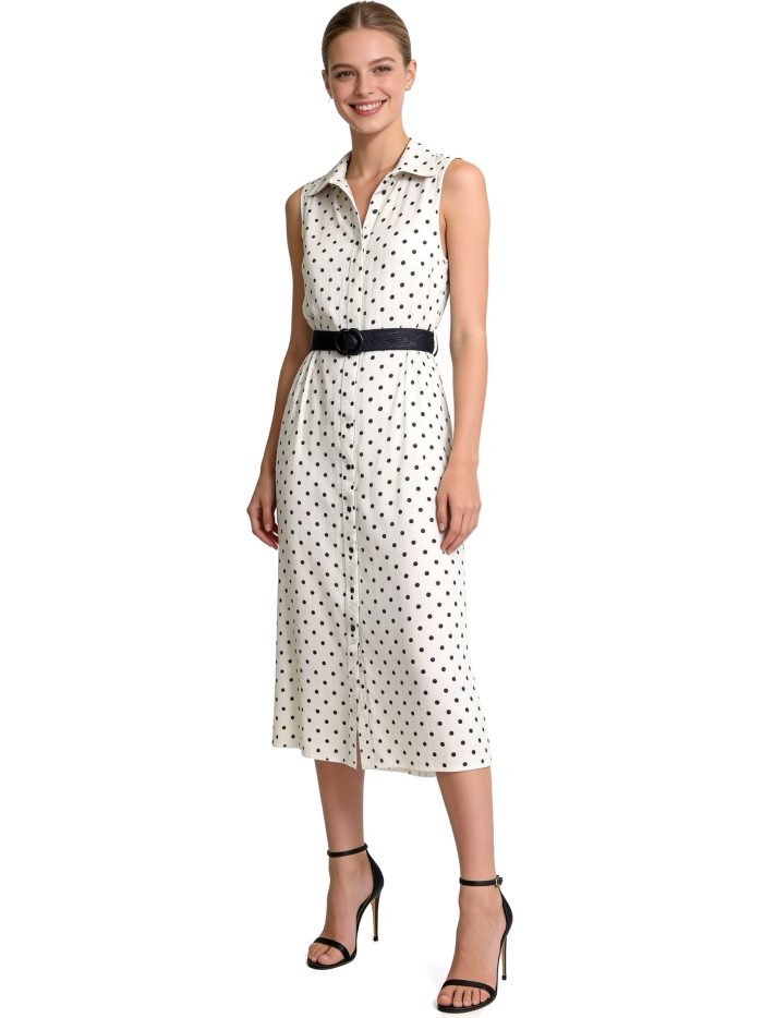 Vestido midi efecto lino lunares cinturón