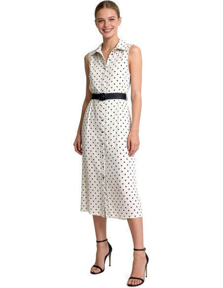 Vestido midi efecto lino lunares cinturón