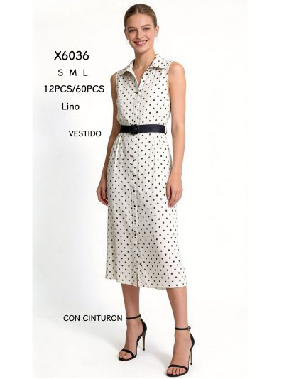Vestido midi efecto lino lunares cinturón 2