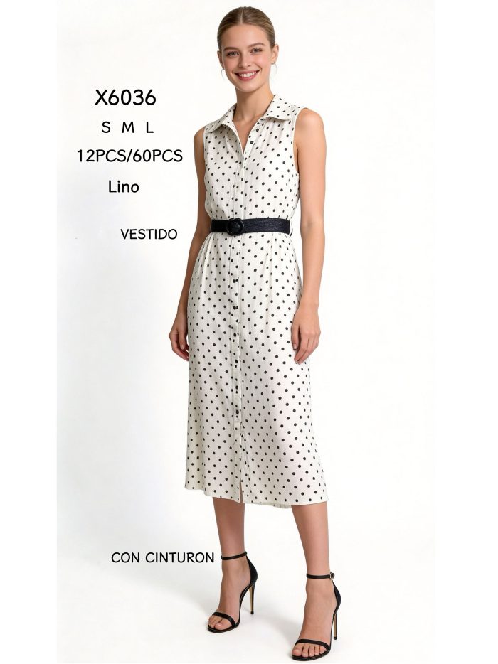 Vestido midi efecto lino lunares cinturón