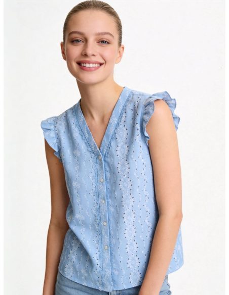 Durchbrochene Baumwollbluse mit Rüschenärmeln