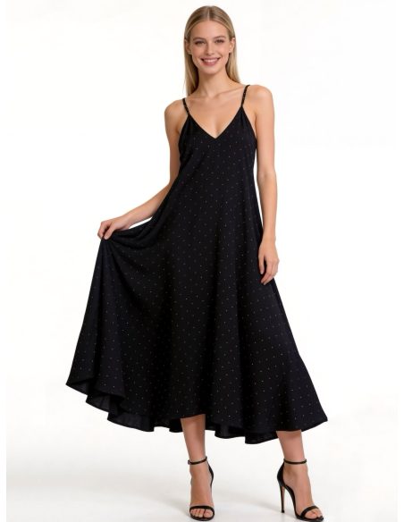 Maxikleid in Leinenoptik mit Trägern und Strasssteinen