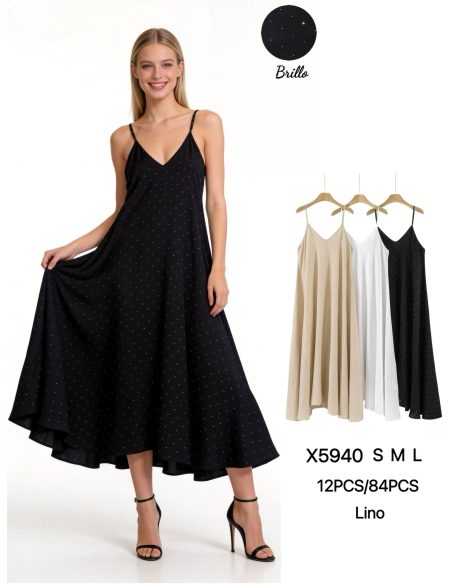 Maxikleid in Leinenoptik mit Trägern und Strasssteinen