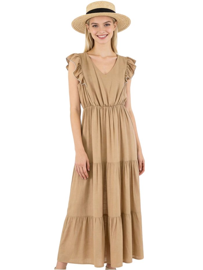 Vestido efecto lino volantes y falda escalonada