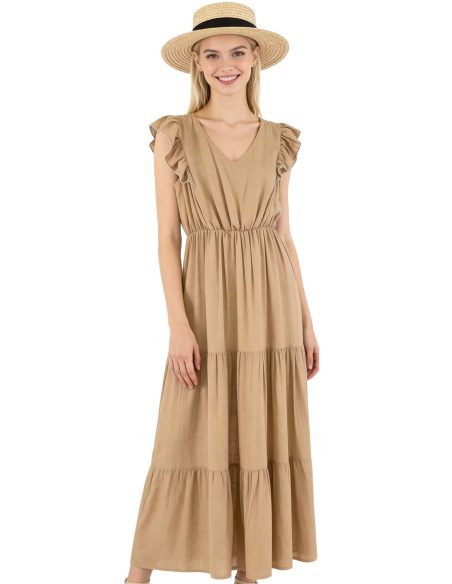 Vestido efecto lino volantes y falda escalonada