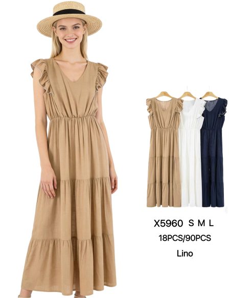 Vestido efecto lino volantes y falda escalonada