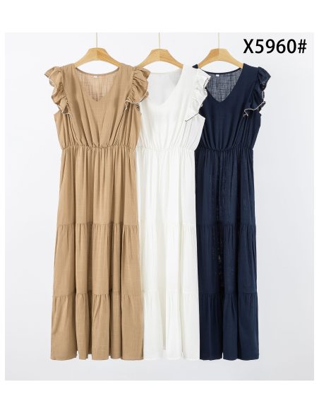 Vestido efecto lino volantes y falda escalonada