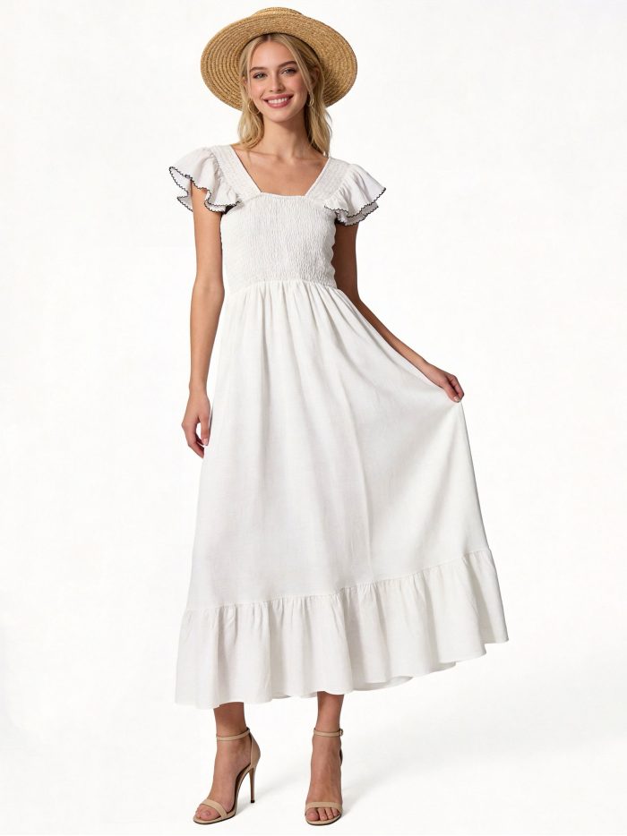 Vestido midi efecto lino nido de abeja