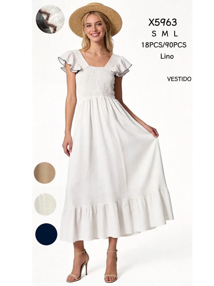 Vestido midi efecto lino nido de abeja