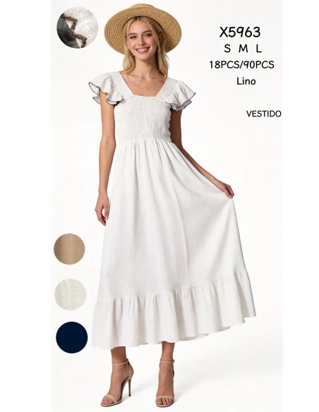 Vestido midi efecto lino nido de abeja