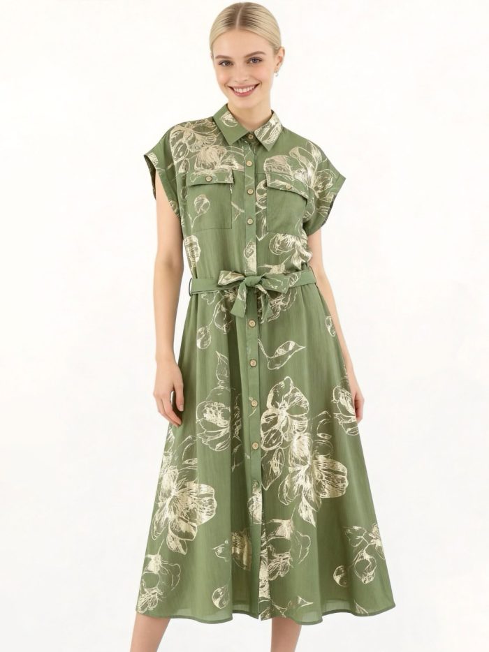 Hemdblusenkleid mit Blumenmuster, Goldeffekt und Gürtel