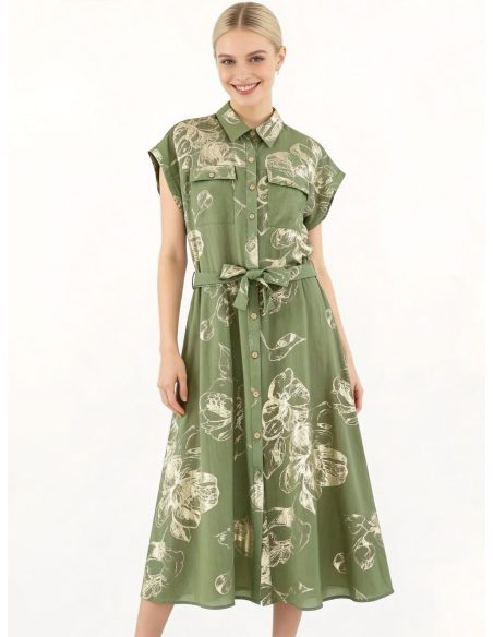 Hemdblusenkleid mit Blumenmuster, Goldeffekt und Gürtel