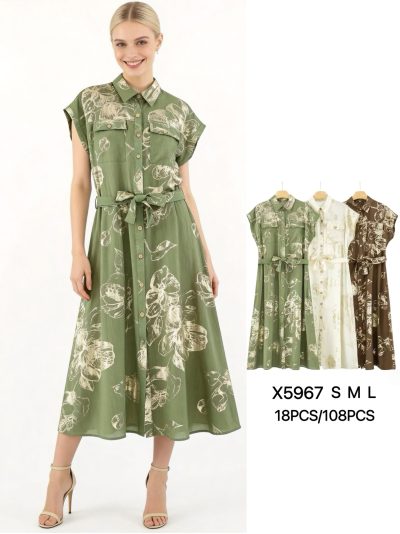 Vestido camisero flores efecto dorado con cinturón 2