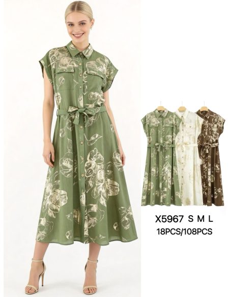 Hemdblusenkleid mit Blumenmuster, Goldeffekt und Gürtel