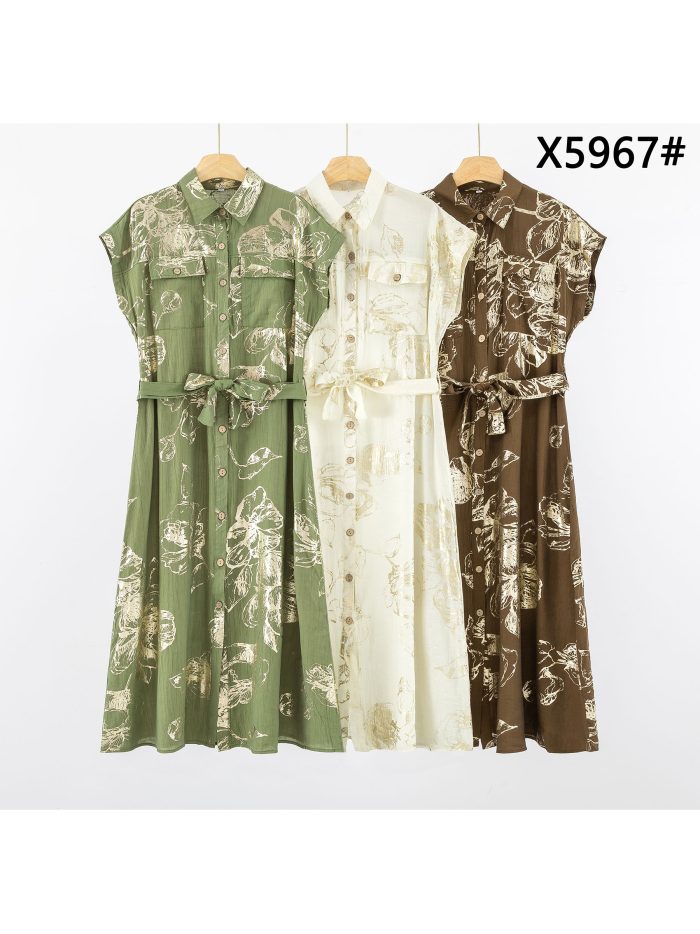 Hemdblusenkleid mit Blumenmuster, Goldeffekt und Gürtel