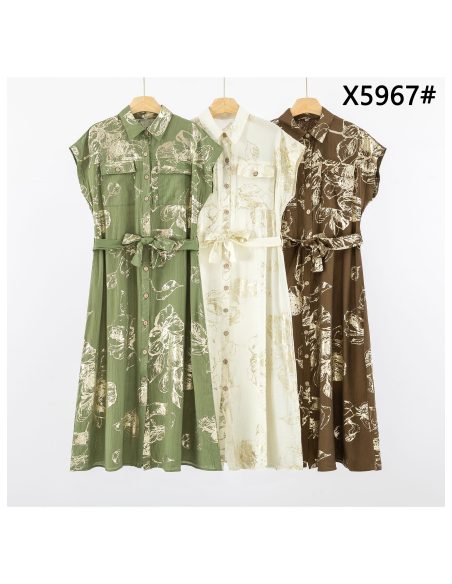 Hemdblusenkleid mit Blumenmuster, Goldeffekt und Gürtel