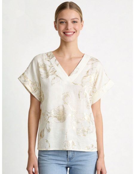 Blusa flores efecto dorado cuello pico