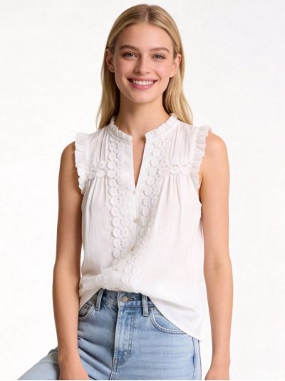 Blusa efecto lino sin mangas con encaje
