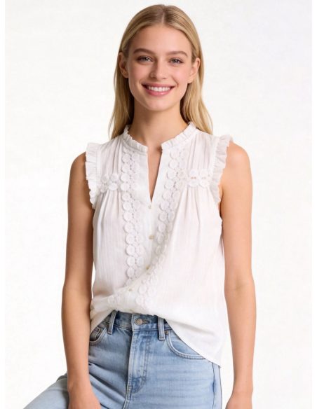 Blusa efecto lino sin mangas con encaje