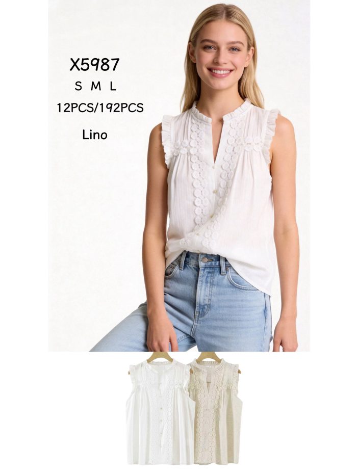 Blusa efecto lino sin mangas con encaje