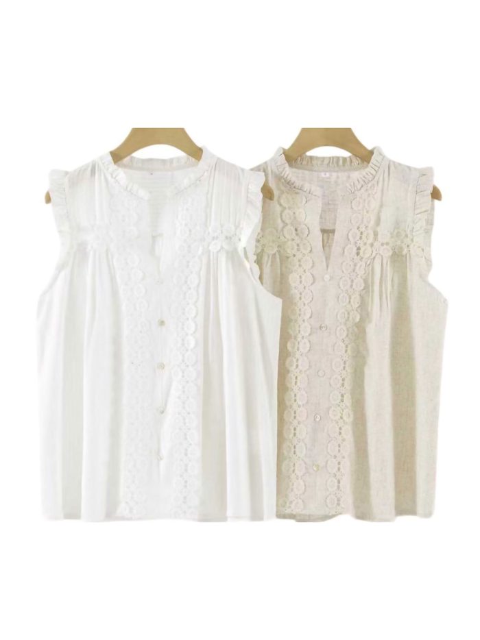 Blusa efecto lino sin mangas con encaje