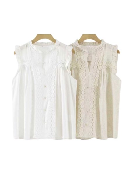 Blusa efecto lino sin mangas con encaje