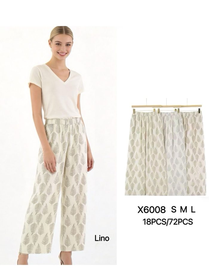 Pantalón efecto lino estampado hojas