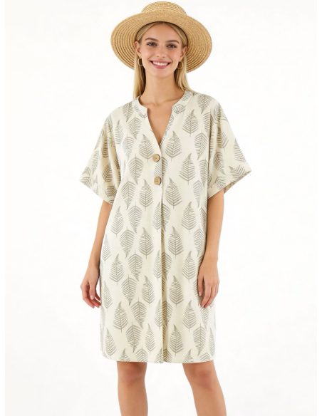 Vestido camisero efecto lino estampado hojas