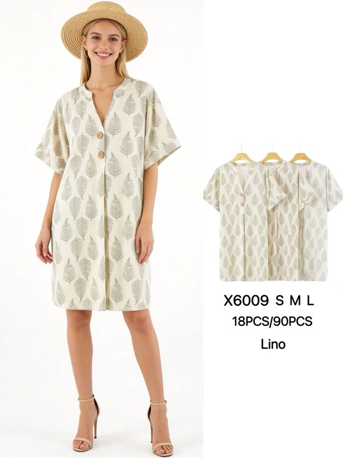 Vestido camisero efecto lino estampado hojas