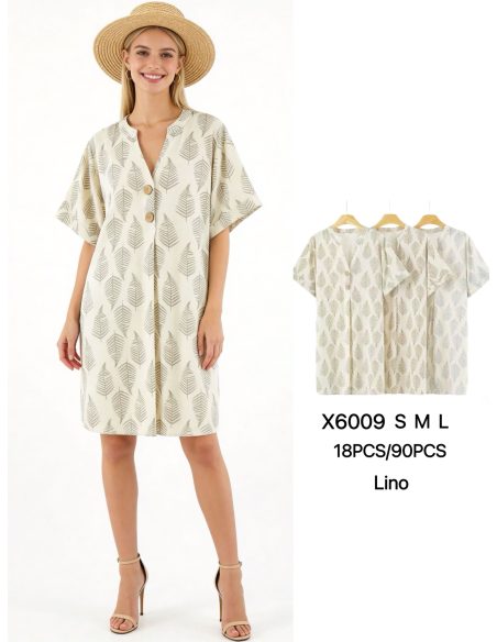 Vestido camisero efecto lino estampado hojas