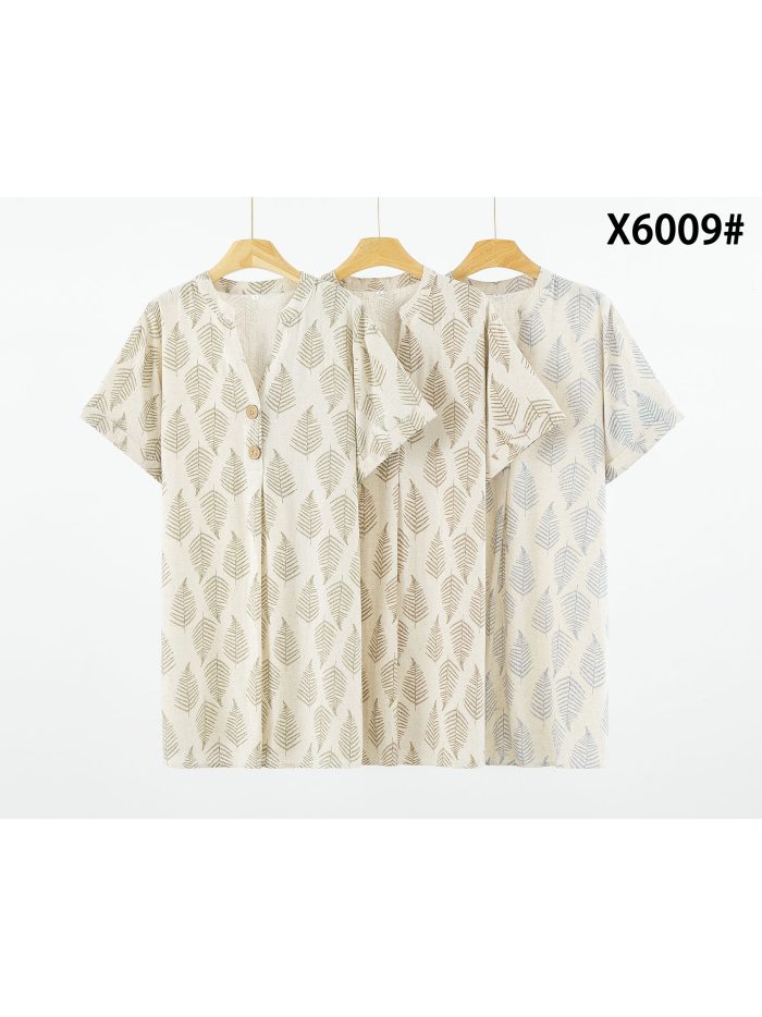 Vestido camisero efecto lino estampado hojas