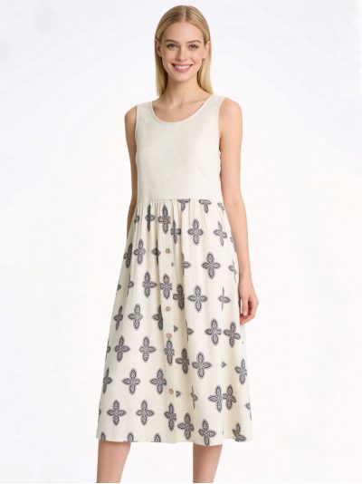 Vestido midi estampado sin mangas efecto lino
