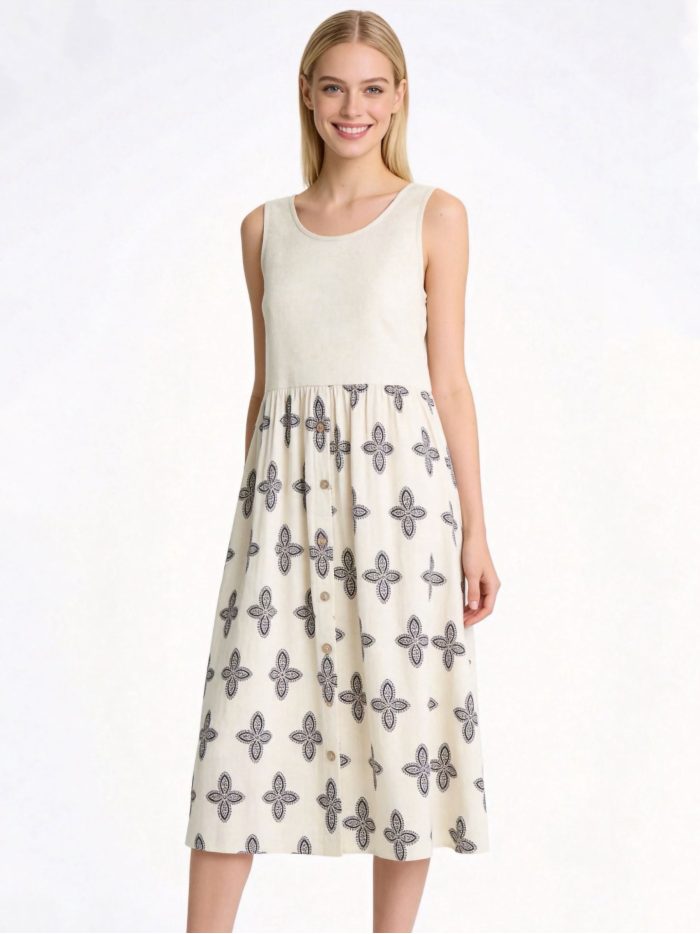 Vestido midi estampado sin mangas efecto lino