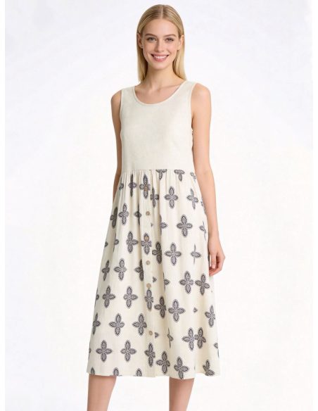 Vestido midi estampado sin mangas efecto lino