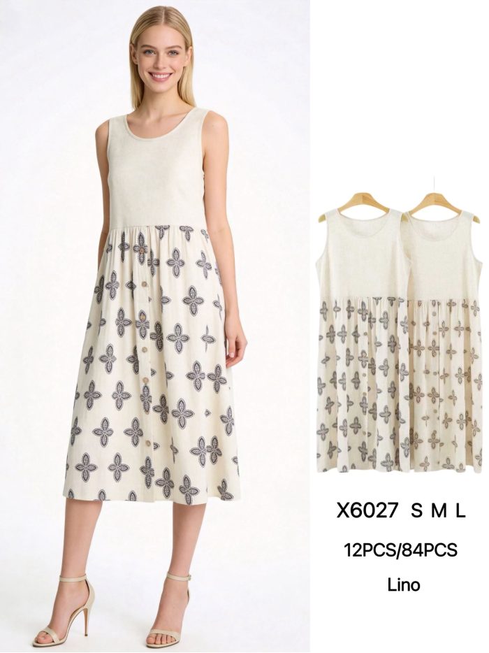 Vestido midi estampado sin mangas efecto lino